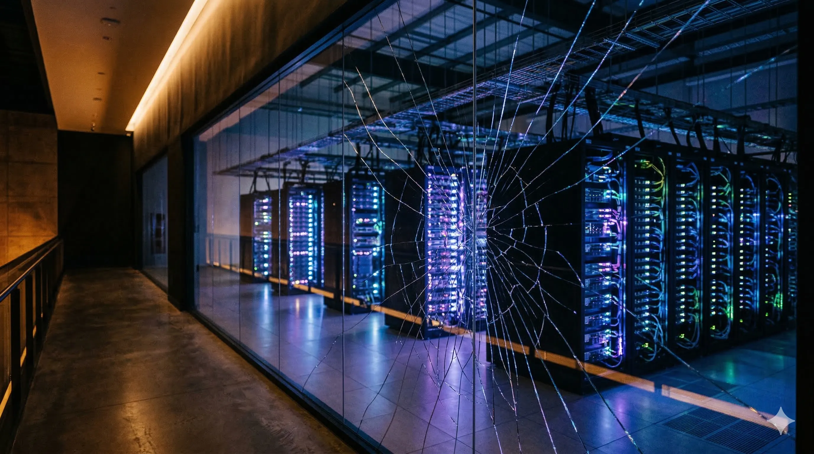 A modern data center viewed through a cracked glass wall — servers glow blue and purple behind the fractures, suggesting hidden fragility beneath polished infrastructure
