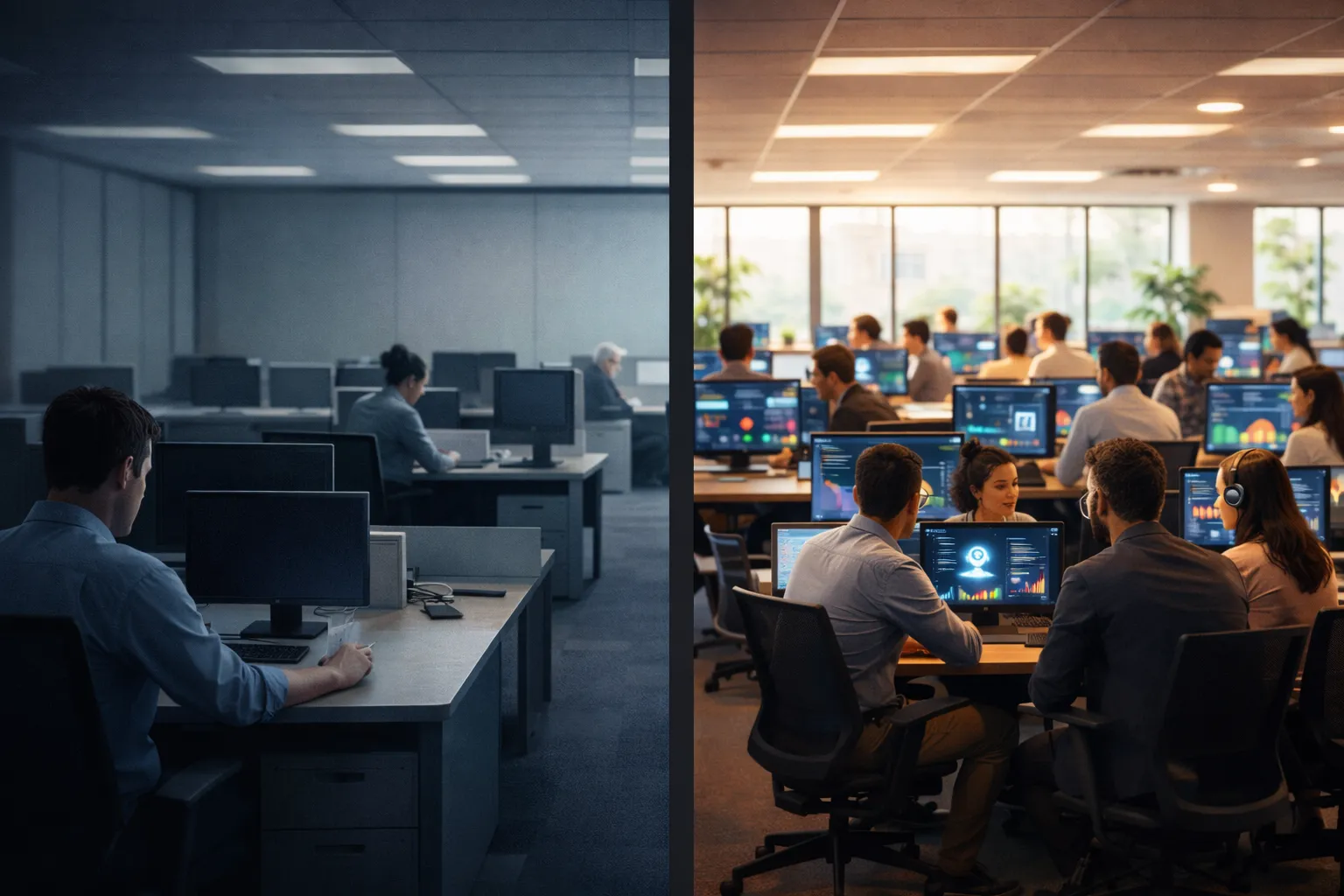 Split photo: a half-empty office with few isolated employees in cold blue tones versus a fully staffed office buzzing with collaboration and AI-powered screens in warm light