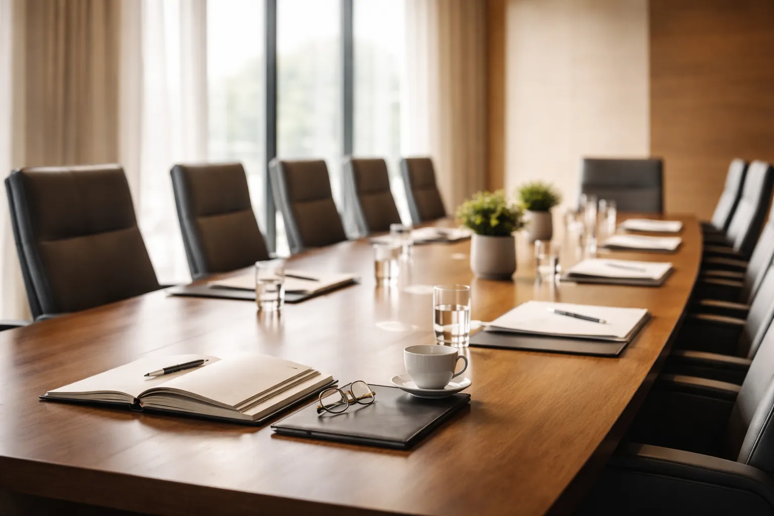 Corporate boardroom table with notebooks, glasses, and coffee cups ready for a board meeting