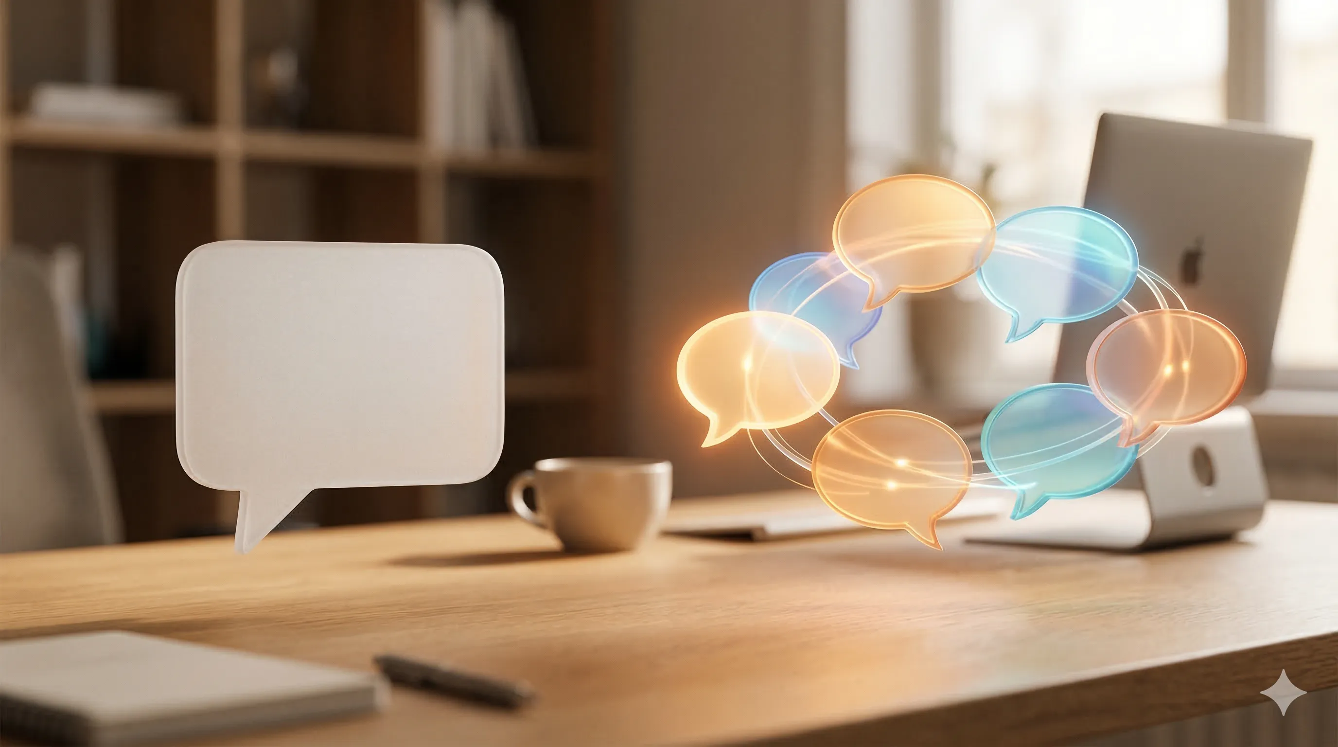 Two speech bubbles — one human, one AI — overlapping to form a light prism, refracting a single idea into a spectrum of richer possibilities