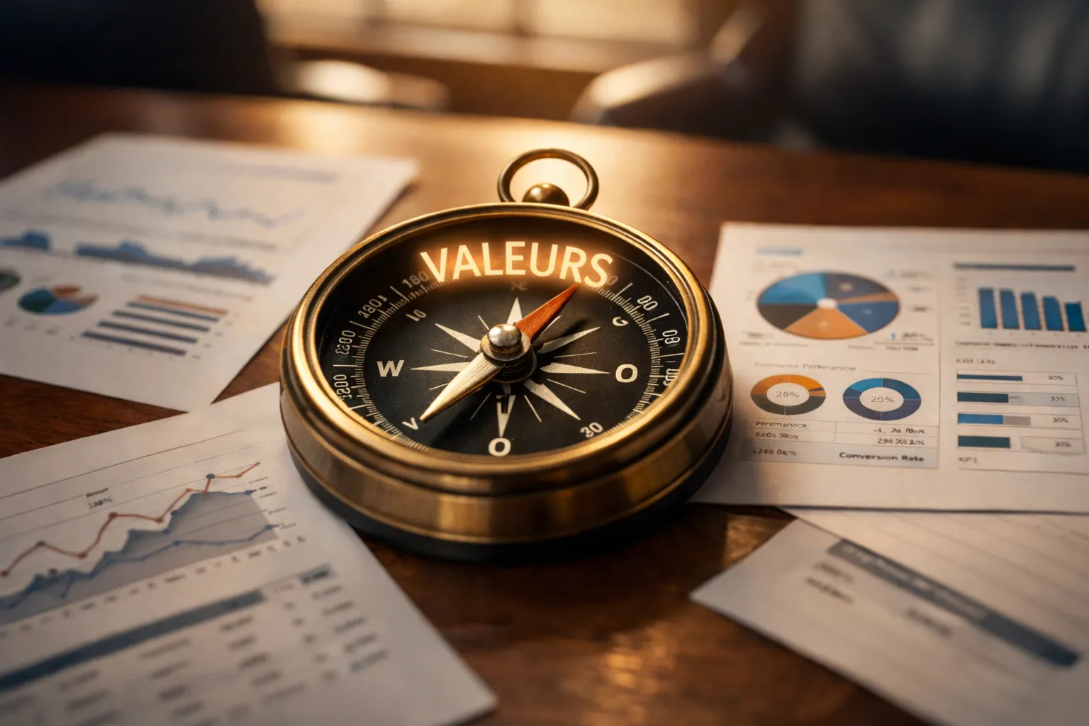 Une boussole en laiton dont l'aiguille pointe vers VALEURS au lieu du Nord, posée sur une table de salle de conférence entourée de tableaux de bord IA et de graphiques de KPI