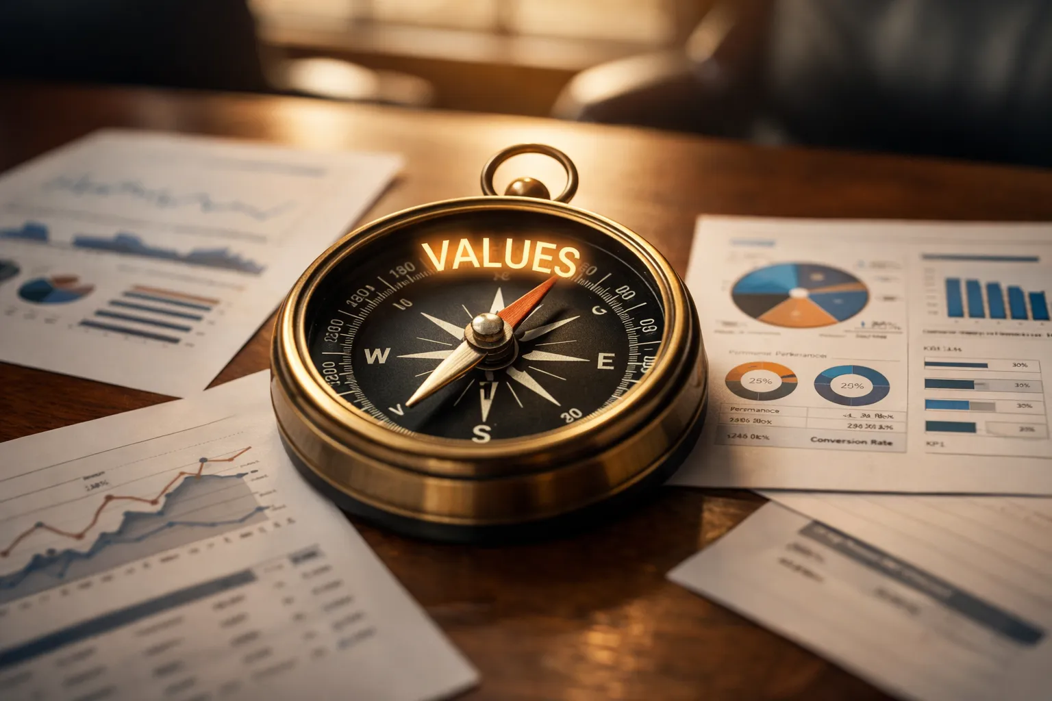 A brass compass with its needle pointing to VALUES instead of North, lying on a boardroom table surrounded by AI dashboards and KPI charts