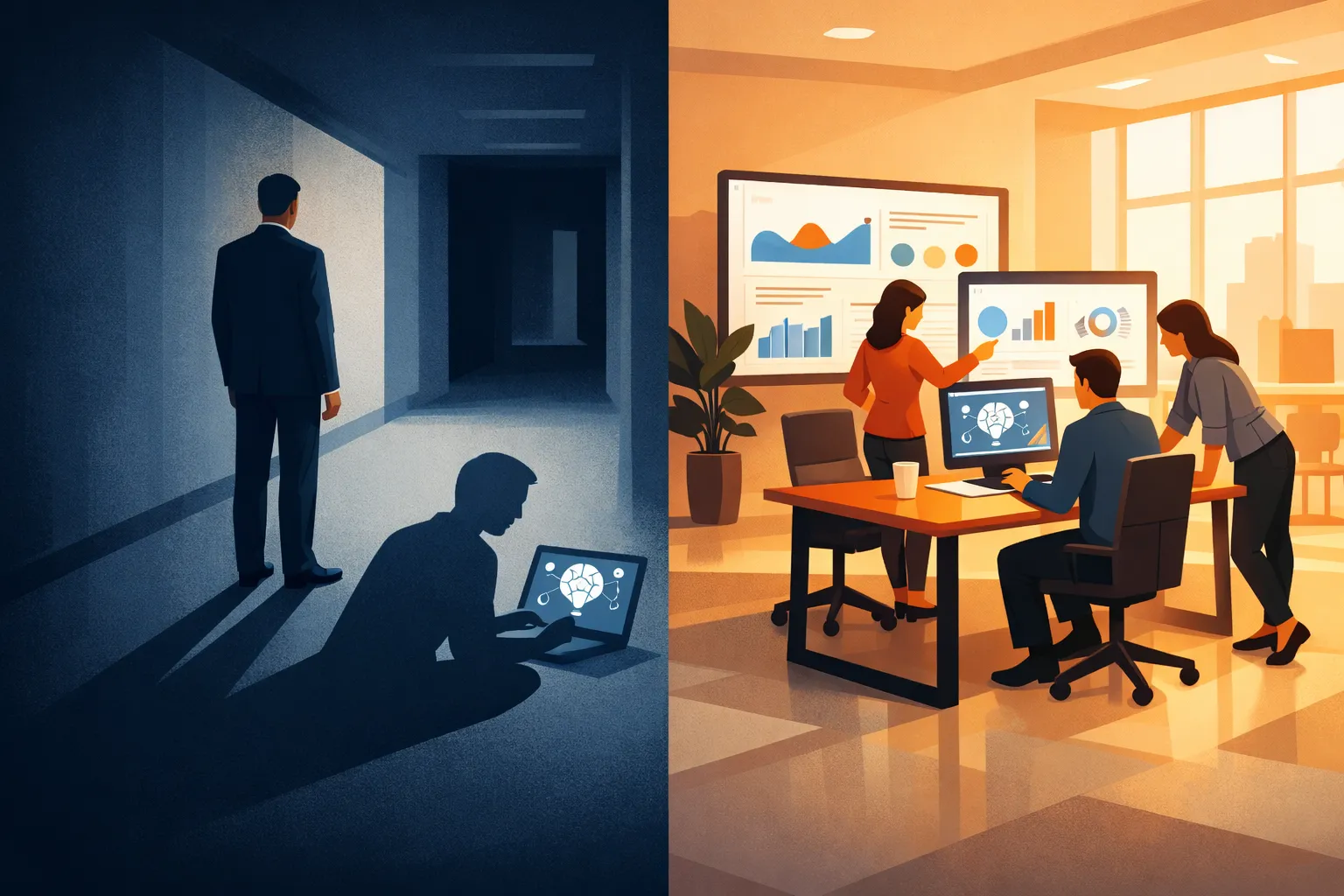 Split illustration: an employee secretly using AI in the shadows versus a team openly collaborating with AI tools