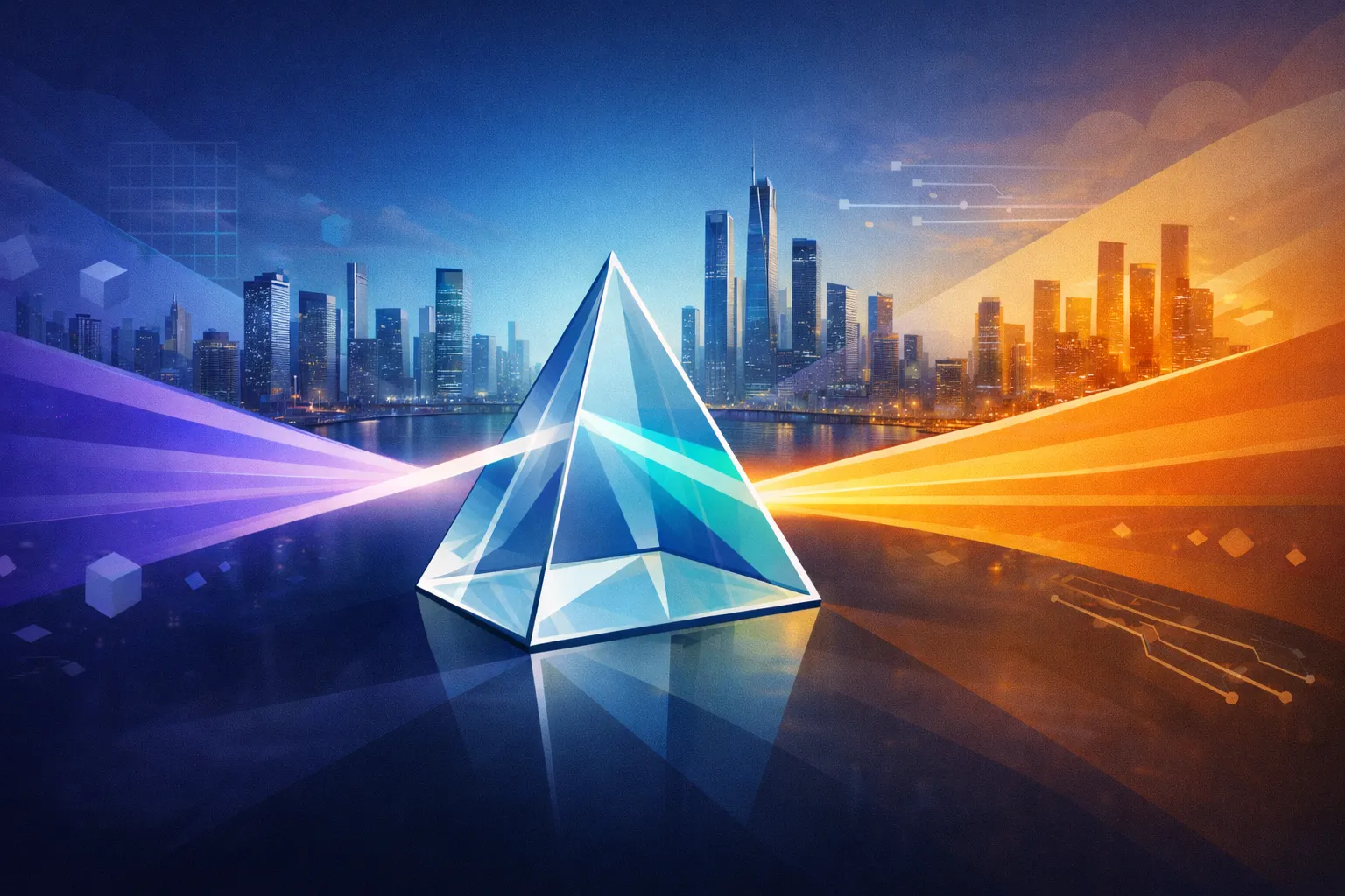 A glass prism refracting light into purple, cyan, and amber rays against a city skyline